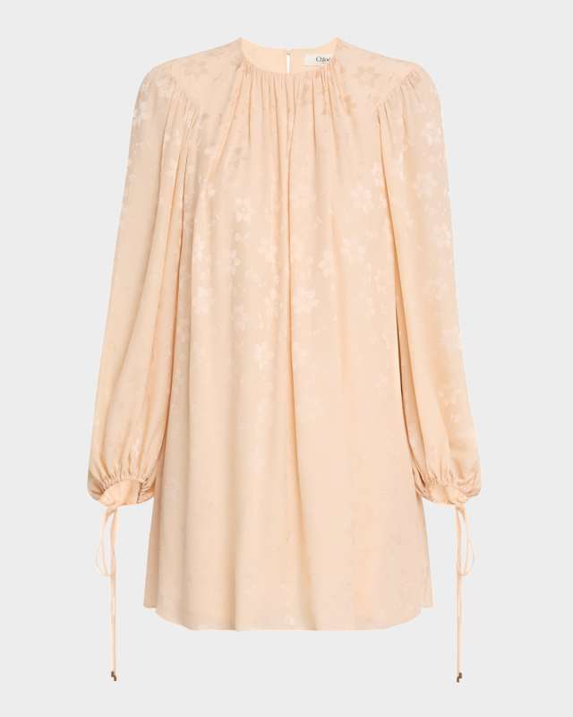 Floral Silk Jacquard Balloon-Sleeve Mini Dress